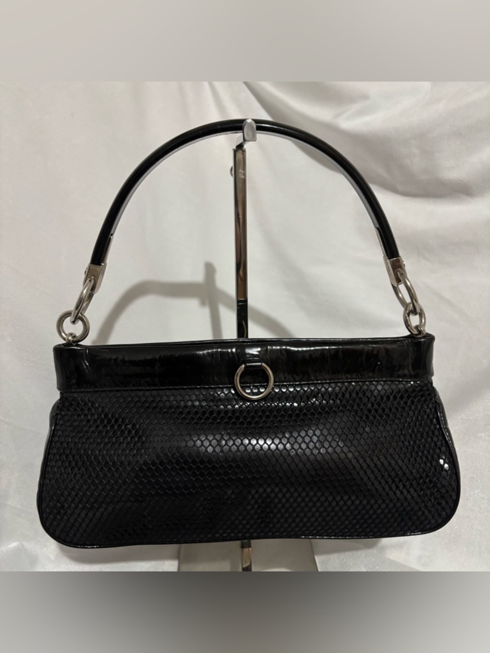 Sergio Rossi Vintage 90s Black Mesh Baguette Hobo Bag Silver O-Ring Detail - Picture 2 of 14